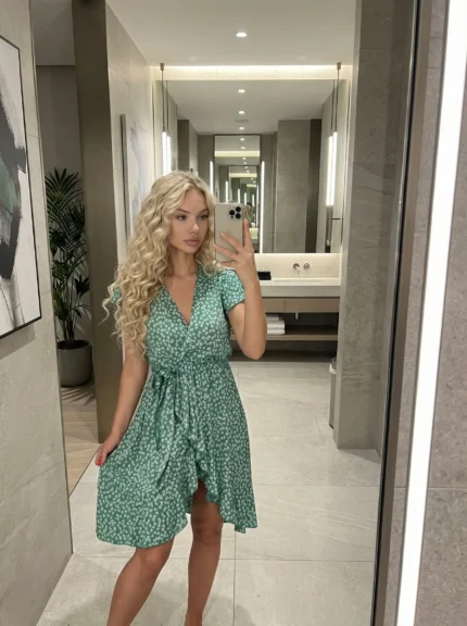 žalia vasarinė suknelė su V formos iškirpte