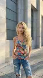 Maikutės be rankovių moterims, margo audinio vasarinis modelis