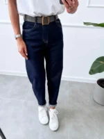 mom fit moteriški džinsai tamsiai melyni