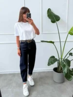 tamsiai melyni moteriški džinsai