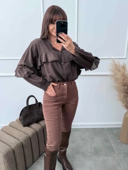 Oversize moteriški marškinėliai rudos spalvos su raukinukais, 100 % medvilnė