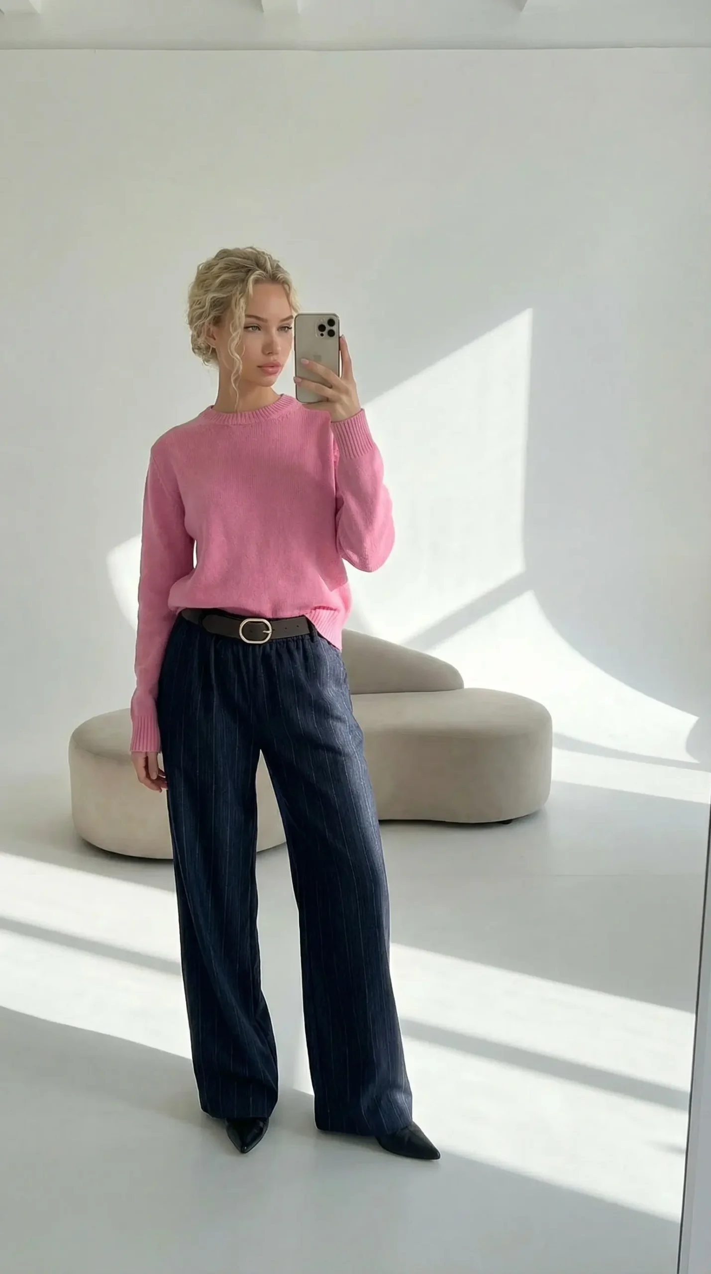 Plačios moteriškos kelnės – tamsiai mėlynas plataus silueto modelis su juostelėmis