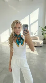 Mėlyna skarelė ant kaklo su detaliu elnių raštu