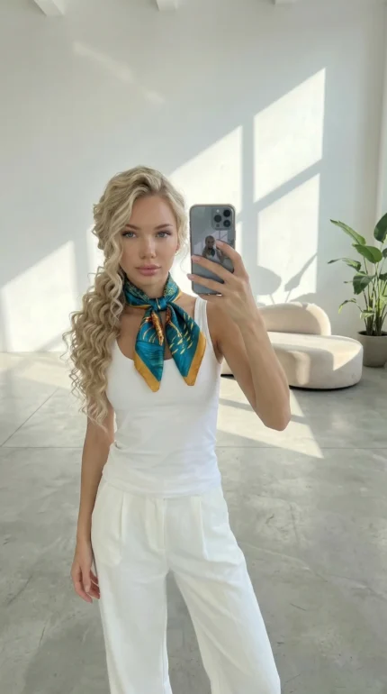 Mėlyna skarelė ant kaklo su detaliu elnių raštu