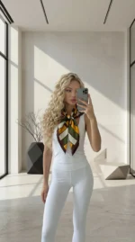 Skarelė ant kaklo moterims – geometrinė ruda su žalia ir geltona