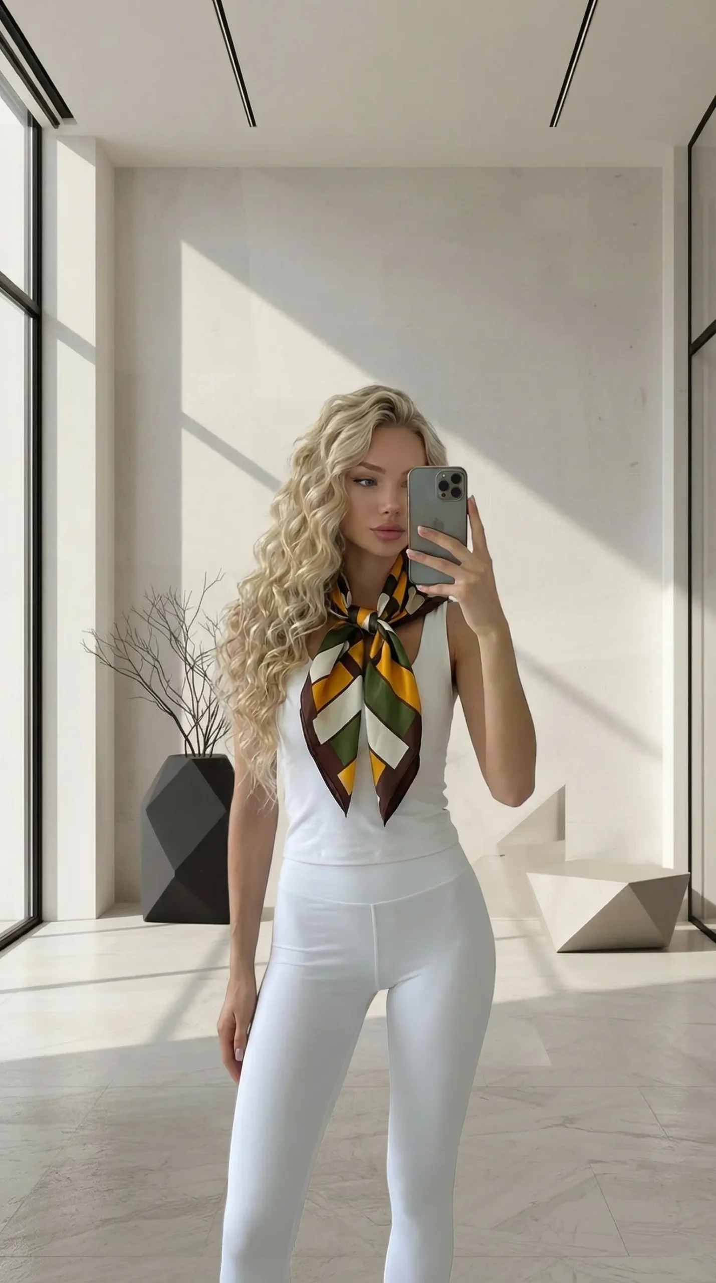 Skarelė ant kaklo moterims – geometrinė ruda su žalia ir geltona