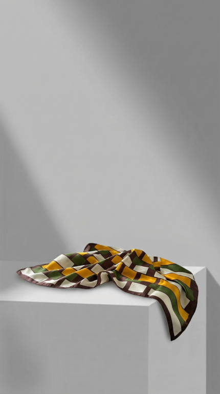 Skarelė ant kaklo moterims – geometrinė ruda su žalia ir geltona