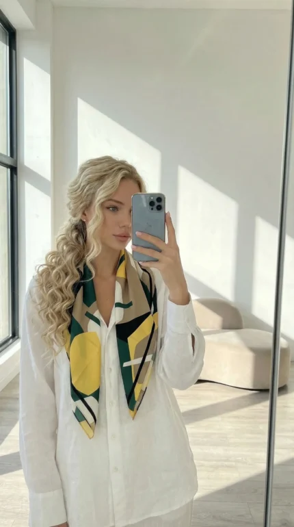 marga šilkinė skarelė ant kaklo