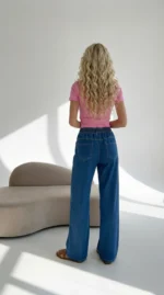 platėjantys džinsai moterims mėlynos spalvos aukstas liemuo