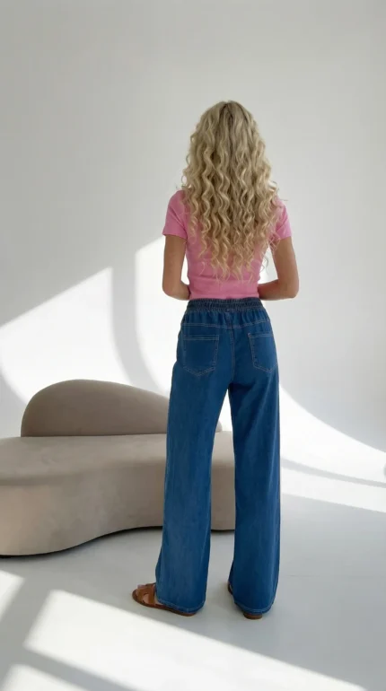 platėjantys džinsai moterims mėlynos spalvos aukstas liemuo