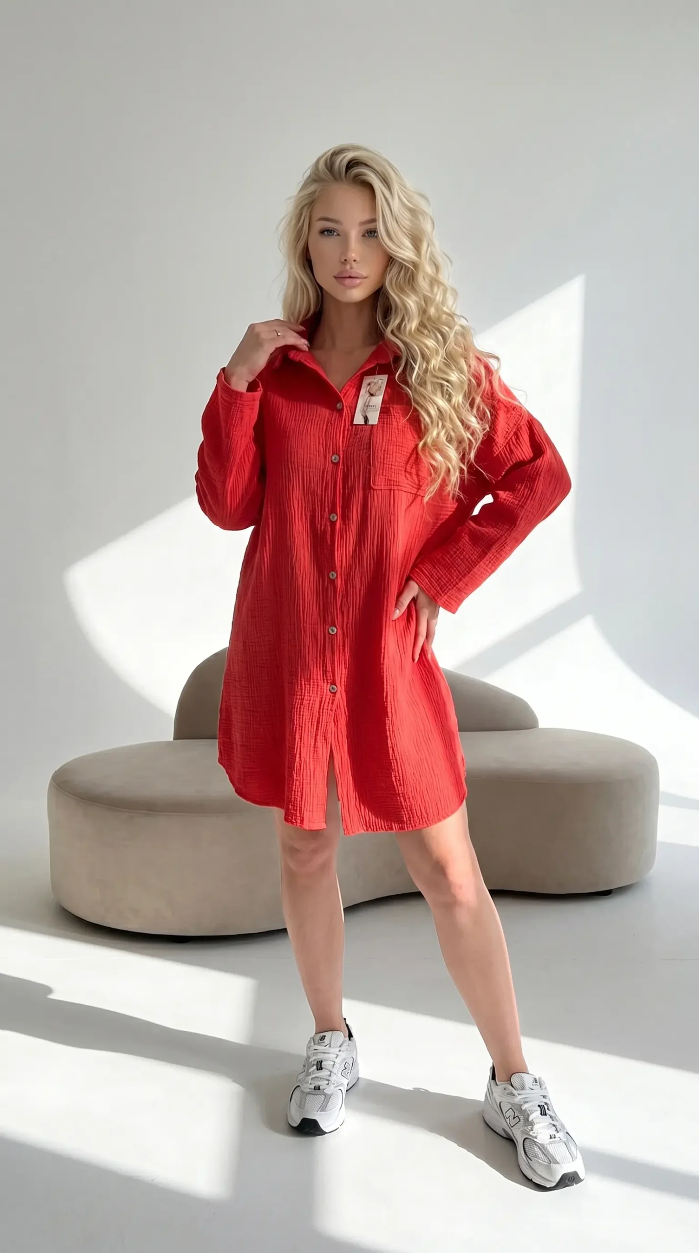 Muslino marškinių suknelė ilgomis rankovėmis iš 100% medvilnės — laisvo kirpimo, su sagomis ir kišenėle