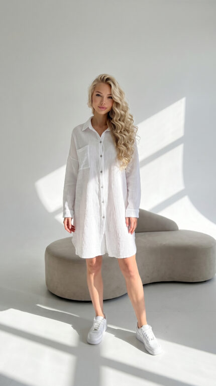 balta muslino suknelė ilgomis rankovemis