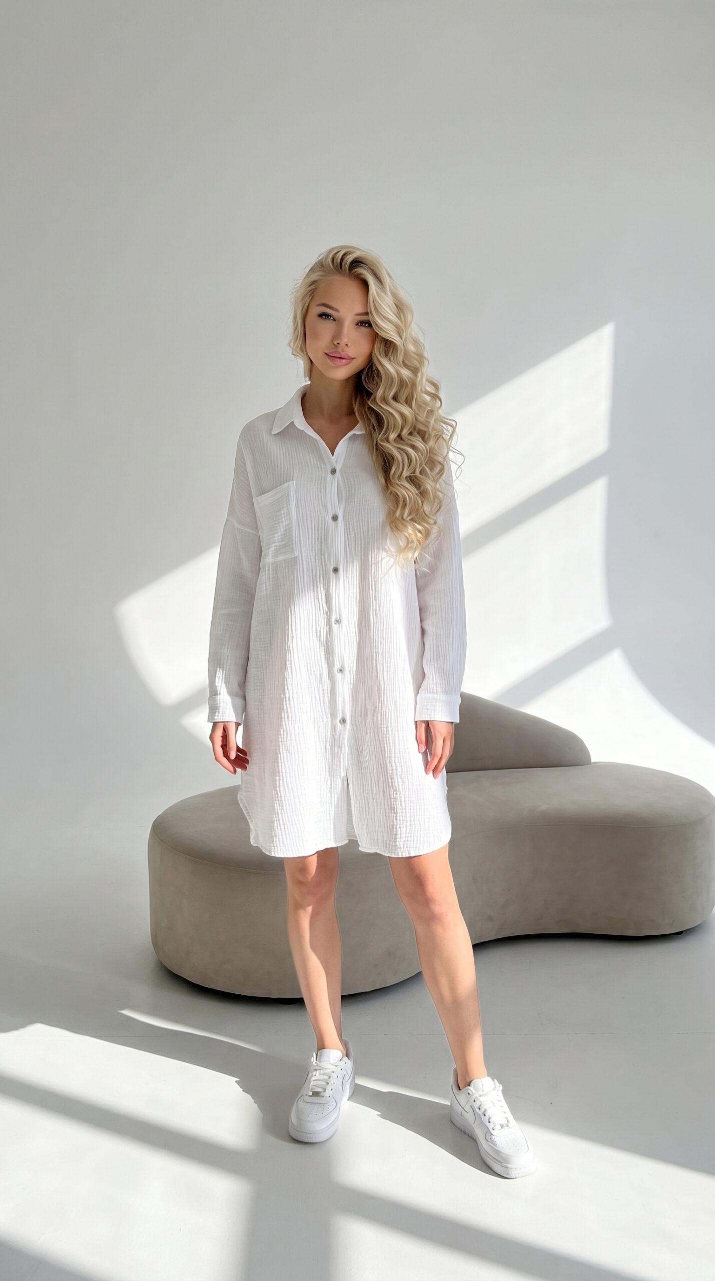 balta muslino suknelė ilgomis rankovemis