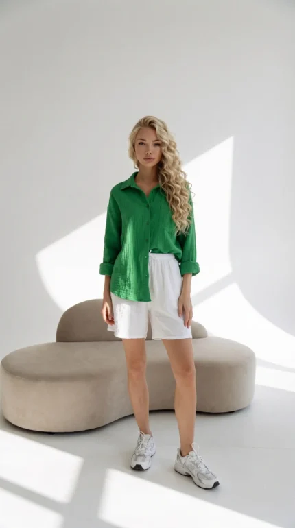 balti muslino šortai vasariniai