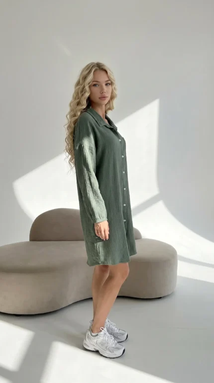 haki muslino suknelė ilgomis rankovemis