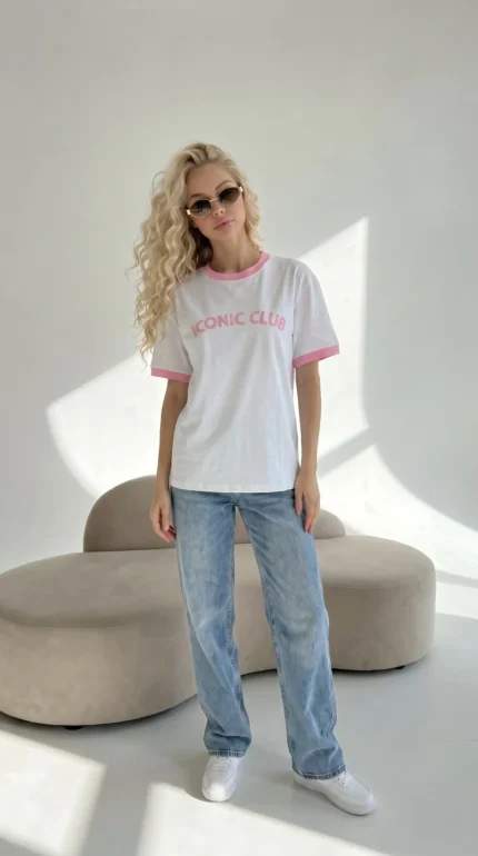 Balta medvilninė maikutė moterims su rožiniais apvadais ir "Iconic Club" užrašu